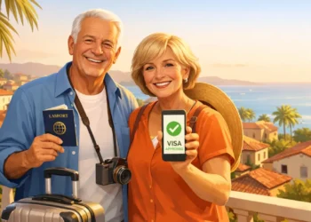 Retired couple planning to retire abroad, holding passport and visa approval on a balcony overlooking a coastal town