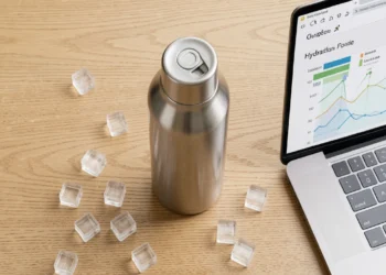 Stainless steel reusable water bottle with ice cubes and fresh mint leaves on a wooden table, showing benefits of switching from disposable plastic bottles