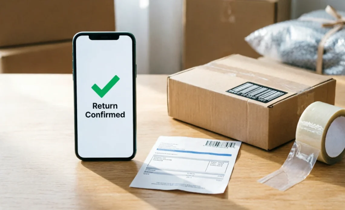 Smartphone showing a self-service returns confirmation next to a shipping label and cardboard box on a wooden desk