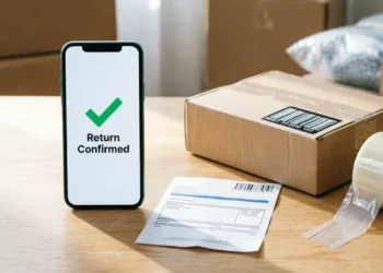 Smartphone showing a self-service returns confirmation next to a shipping label and cardboard box on a wooden desk