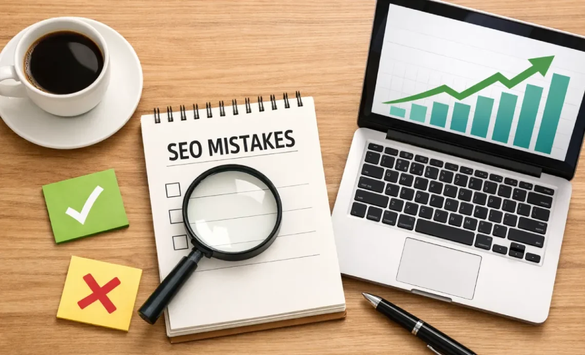 Common SEO mistakes to avoid checklist with magnifying glass and laptop showing ranking growth