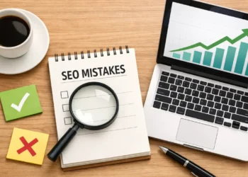 Common SEO mistakes to avoid checklist with magnifying glass and laptop showing ranking growth