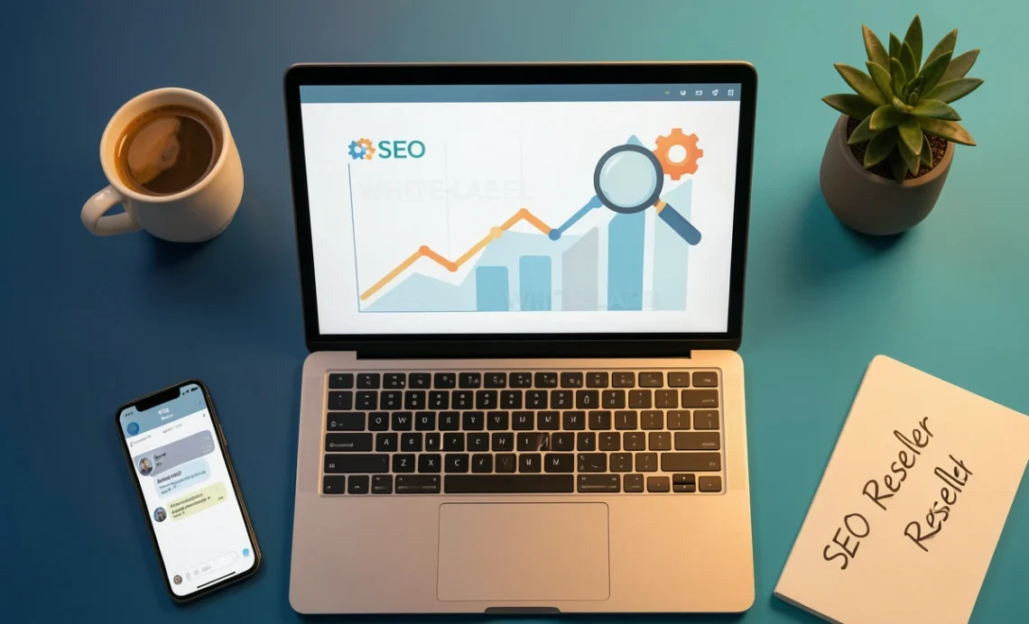 What is an SEO reseller program - laptop showing white-label SEO dashboard with rising graphs and magnifying glass over gear icon, coffee and notebook on desk