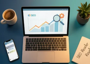 What is an SEO reseller program - laptop showing white-label SEO dashboard with rising graphs and magnifying glass over gear icon, coffee and notebook on desk