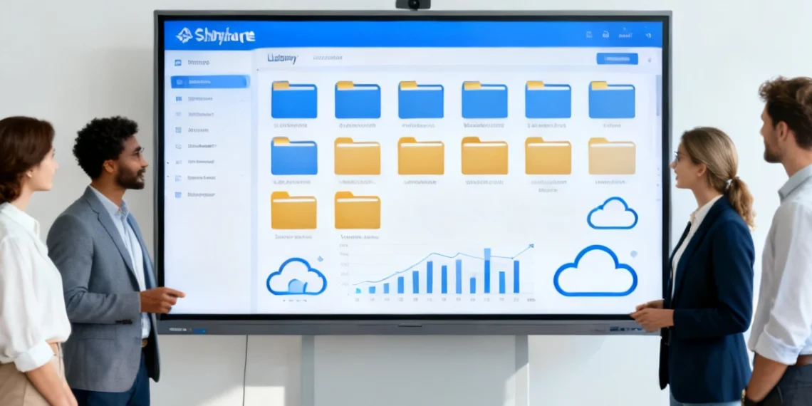 Team sharepoint consulting document management with version control, cloud migration, and Microsoft Office 365 integration on a digital screen in a modern office.