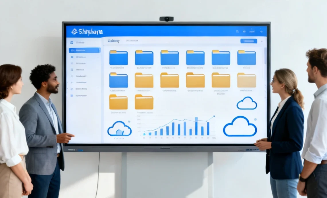 Team sharepoint consulting document management with version control, cloud migration, and Microsoft Office 365 integration on a digital screen in a modern office.