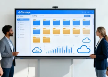 Team sharepoint consulting document management with version control, cloud migration, and Microsoft Office 365 integration on a digital screen in a modern office.