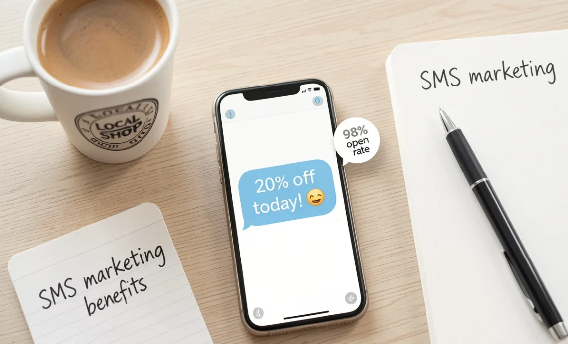 SMS marketing benefits shown on a smartphone with 98% open rate badge for small business advertising