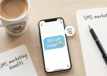 SMS marketing benefits shown on a smartphone with 98% open rate badge for small business advertising