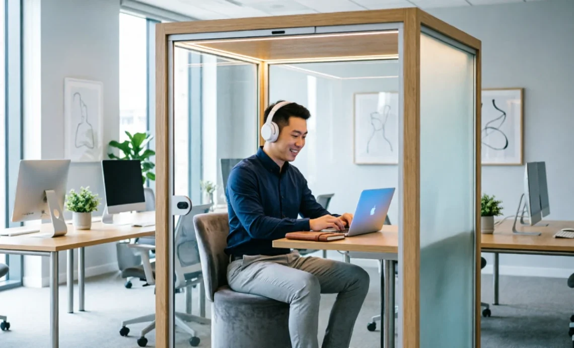 Modern soundproof office pods inside an open-plan office with a professional working quietly on a laptop inside the pod