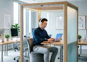 Modern soundproof office pods inside an open-plan office with a professional working quietly on a laptop inside the pod