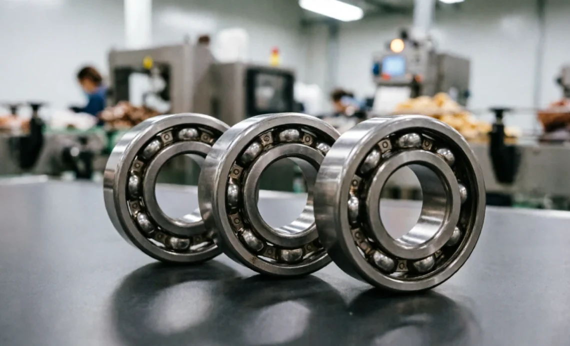 Close-up of stainless steel roller bearings showing crowned diameter, polished surface, and rolling elements on an industrial workbench.