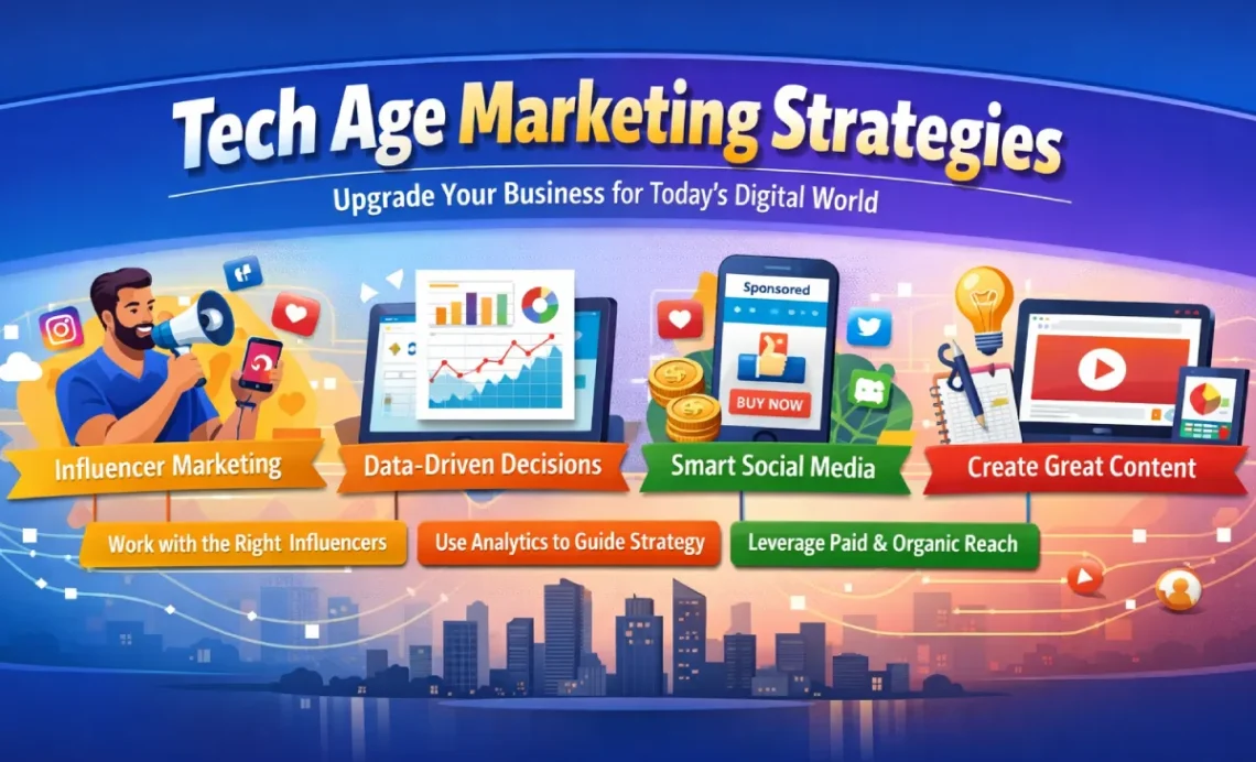 Flat lay composition for tech age marketing featuring smartphone with analytics, laptop showing marketing dashboard, notebook with upward arrow, and sticky notes reading data, content, and influencer.