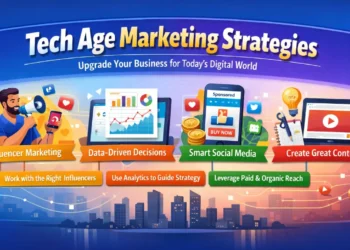 Flat lay composition for tech age marketing featuring smartphone with analytics, laptop showing marketing dashboard, notebook with upward arrow, and sticky notes reading data, content, and influencer.