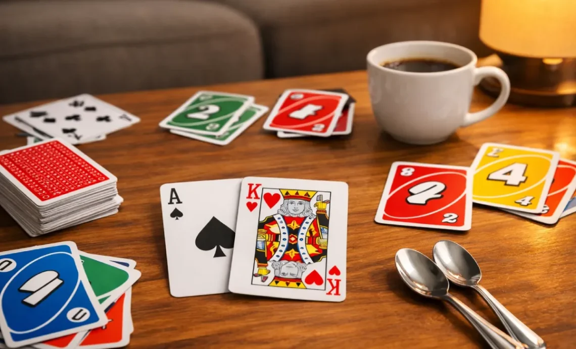 Thrilling card games collection including Solitaire, Blackjack, and Uno arranged on a wooden table for game night