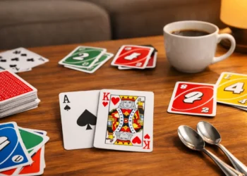 Thrilling card games collection including Solitaire, Blackjack, and Uno arranged on a wooden table for game night
