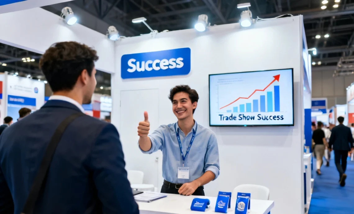 Trade show success guide: smiling booth staff giving thumbs up at professional exhibition stand with digital growth chart and success message.