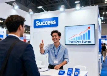 Trade show success guide: smiling booth staff giving thumbs up at professional exhibition stand with digital growth chart and success message.