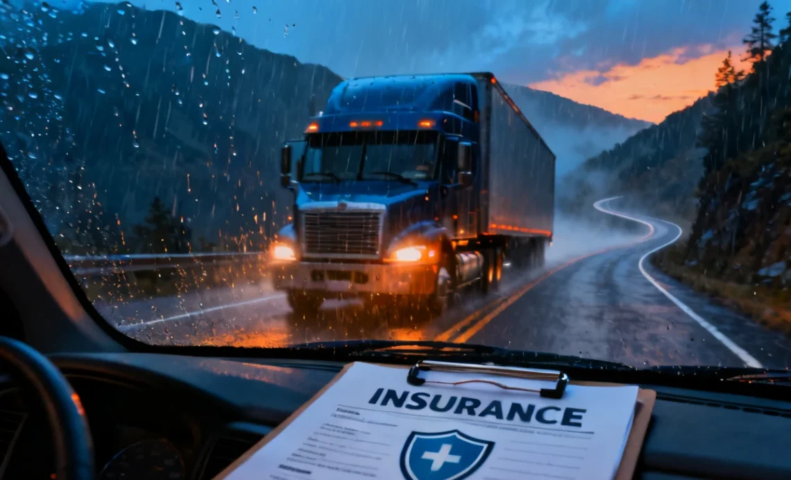 Trucking industry risks and insurance concept showing a semi-truck driving through dangerous weather with an insurance clipboard in the foreground