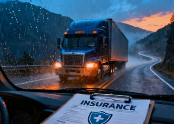 Trucking industry risks and insurance concept showing a semi-truck driving through dangerous weather with an insurance clipboard in the foreground