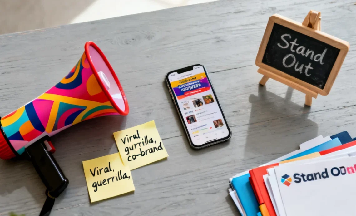 Unconventional Marketing Strategies That Actually Work (Real-World Examples) 1 Unconventional marketing strategies blog featured image showing creative tools like a patterned megaphone, sticky notes with marketing ideas, a smartphone, and a chalkboard on a wooden desk.