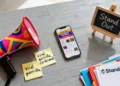 Unconventional marketing strategies blog featured image showing creative tools like a patterned megaphone, sticky notes with marketing ideas, a smartphone, and a chalkboard on a wooden desk.