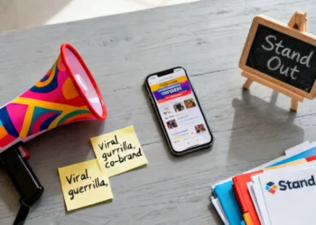 Unconventional marketing strategies blog featured image showing creative tools like a patterned megaphone, sticky notes with marketing ideas, a smartphone, and a chalkboard on a wooden desk.