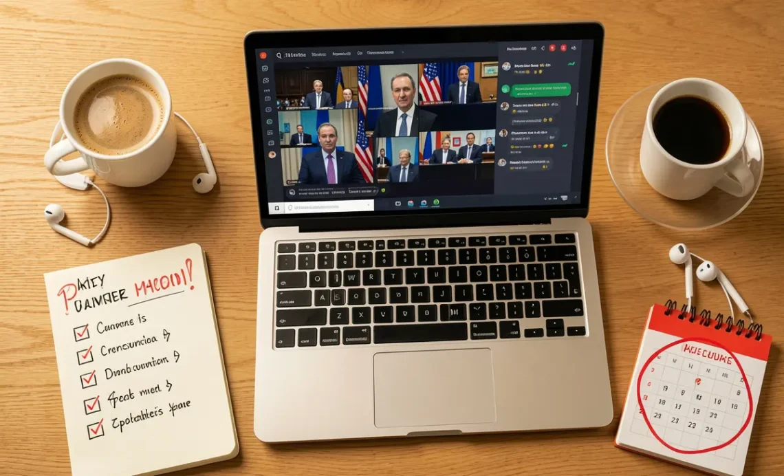 Laptop displaying virtual summit speaker tiles and chat, with planning checklist notebook and coffee on desk