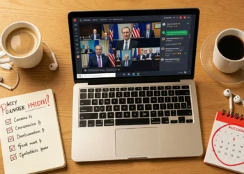 Laptop displaying virtual summit speaker tiles and chat, with planning checklist notebook and coffee on desk
