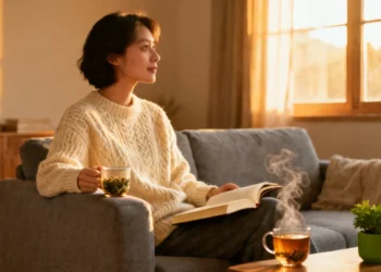 Person ways to relax after work with tea and book in cozy living room setting