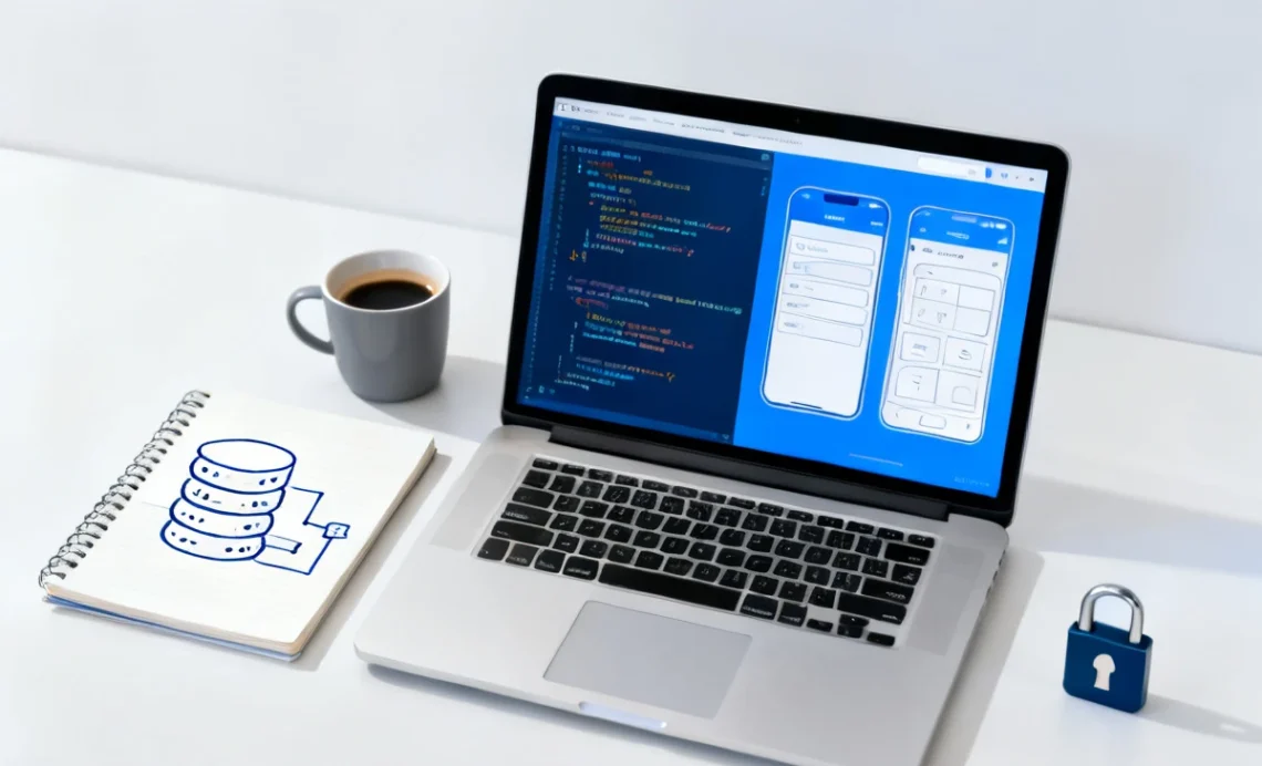 Web application development best practices – laptop showing code and web app wireframe with server diagram notebook and security lock icon
