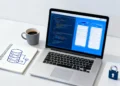 Web application development best practices – laptop showing code and web app wireframe with server diagram notebook and security lock icon