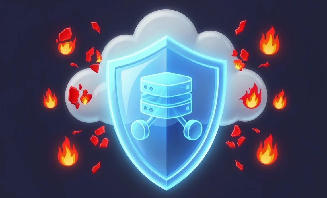 A glowing blue shield protecting a web server from malicious code and cyber attacks, representing how a web application firewall blocks harmful traffic.