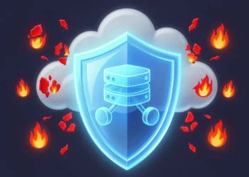 A glowing blue shield protecting a web server from malicious code and cyber attacks, representing how a web application firewall blocks harmful traffic.