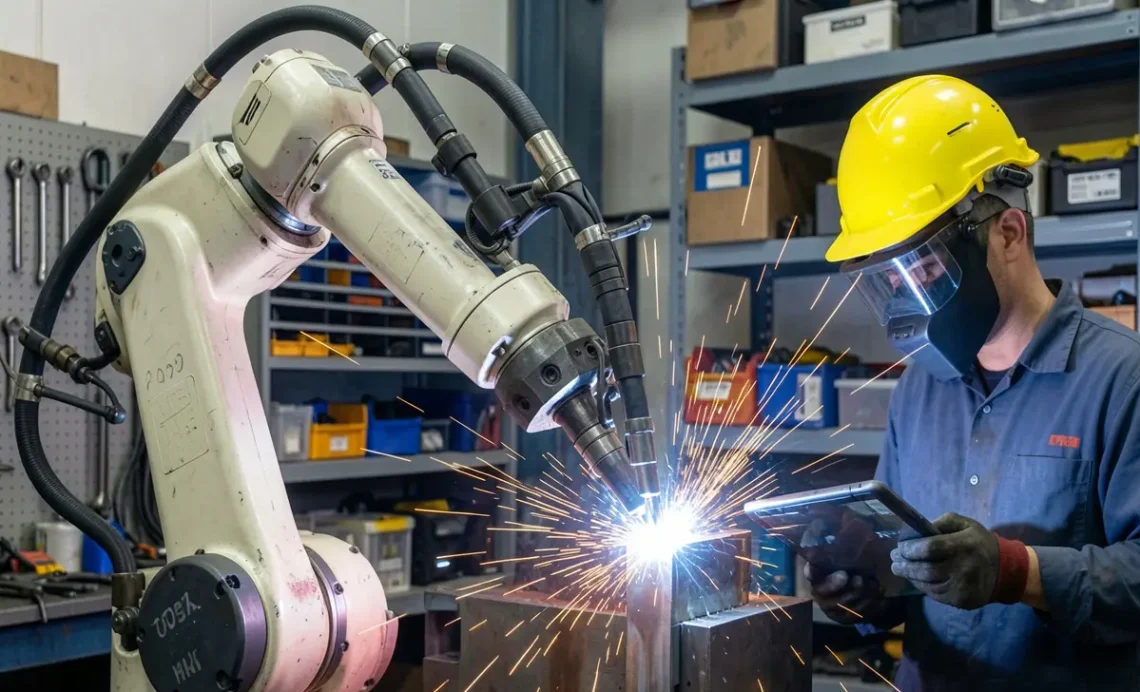 What Makes Welding Automation A Good Choice? A Practical Guide for Manufacturers 1 Industrial welding automation robot welding a metal joint in a manufacturing facility with a worker monitoring the process on a tablet.