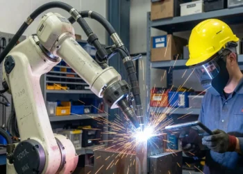 Industrial welding automation robot welding a metal joint in a manufacturing facility with a worker monitoring the process on a tablet.