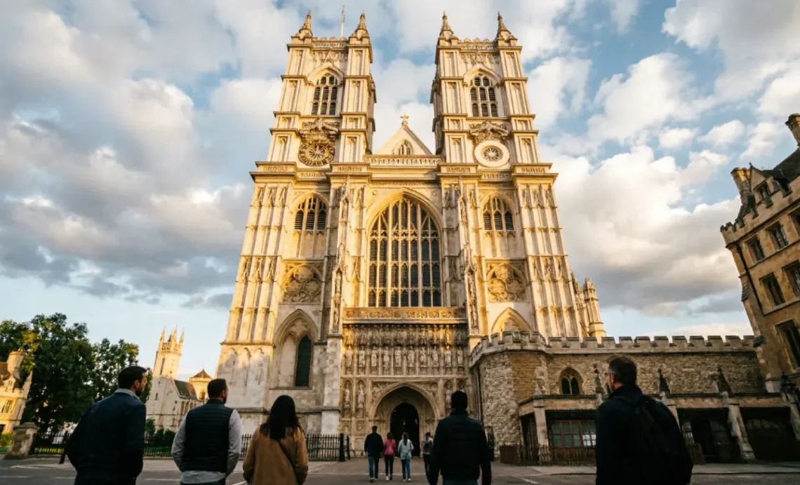 Westminster Abbey west front entrance with Gothic towers and tourists visiting on a sunny day in London