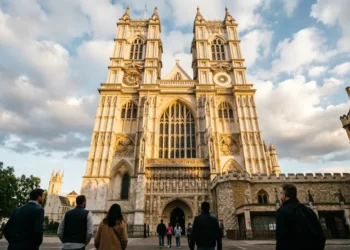 Westminster Abbey west front entrance with Gothic towers and tourists visiting on a sunny day in London