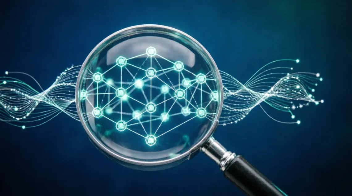 A magnifying glass examining a glowing blockchain neural network, with the text "Quantum AI" fading into the background, representing critical scrutiny of automated crypto trading platforms.