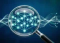 A magnifying glass examining a glowing blockchain neural network, with the text "Quantum AI" fading into the background, representing critical scrutiny of automated crypto trading platforms.