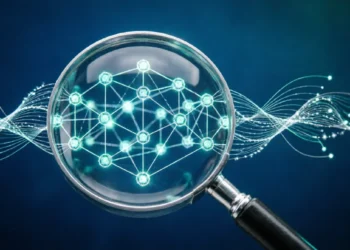 A magnifying glass examining a glowing blockchain neural network, with the text "Quantum AI" fading into the background, representing critical scrutiny of automated crypto trading platforms.